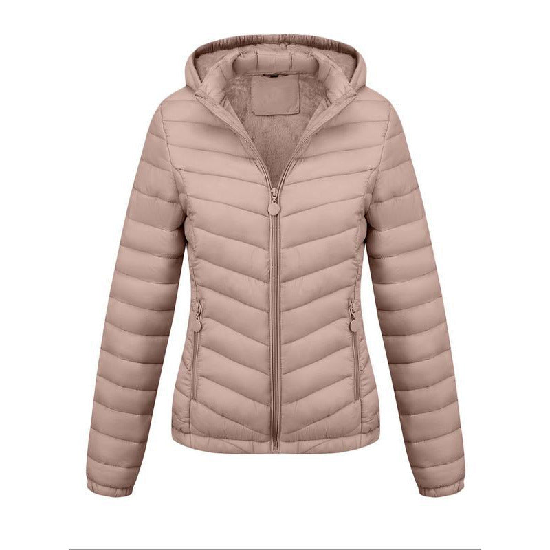 Women's Solid-Color Zippered Hooded Winter Coat Jacket Casual