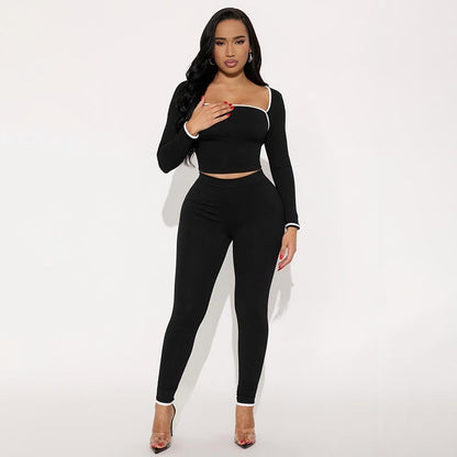 Stitching Color-contrasting Stripe Long Sleeve Top Slim Trousers Suit