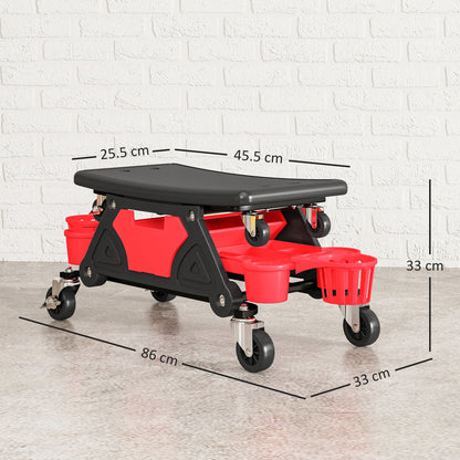 HOMCOM Rolling Mechanic Stool, 135kg Capacity Workshop Stool with 360° Swivel Wheels, Roller Creeper Seat with Slide Out Tool Trays, Drawer, Bottle Holders for Garage, Shop, Auto Repair, Red
