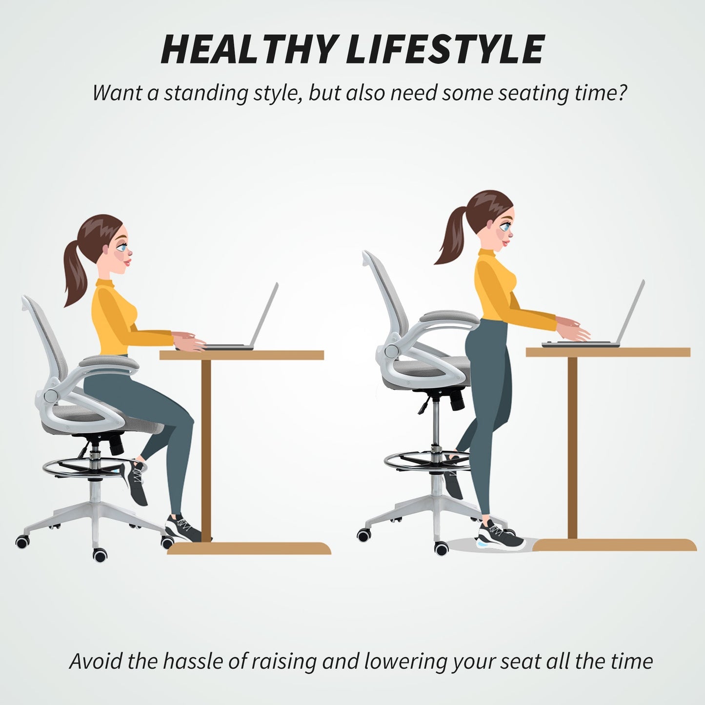 Vinsetto Drafting Chair with Flip-up Armrest, Mesh Office Stool with Foot Ring, 360° Swivel Height Adjustable Chair for Standing Desk, Light Grey