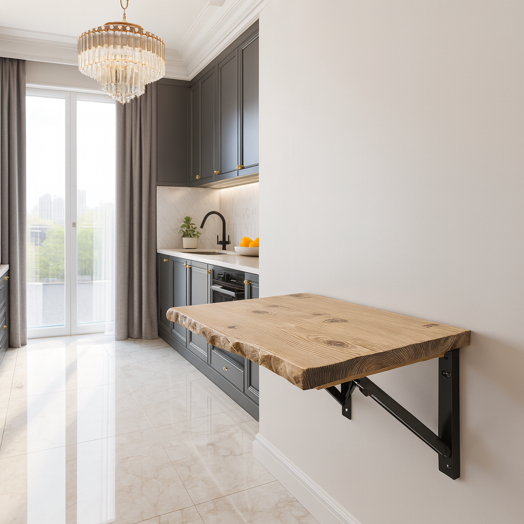 Live / Waney Edge Foldable Wall-Mounted Solid Wood Table – Rustic Wood with Heavy-Duty Black Brackets – Space-Saving Desk for Kitchen, Office, or Small Spaces