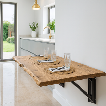 Live / Waney Edge Foldable Wall-Mounted Solid Wood Table – Rustic Wood with Heavy-Duty Black Brackets – Space-Saving Desk for Kitchen, Office, or Small Spaces