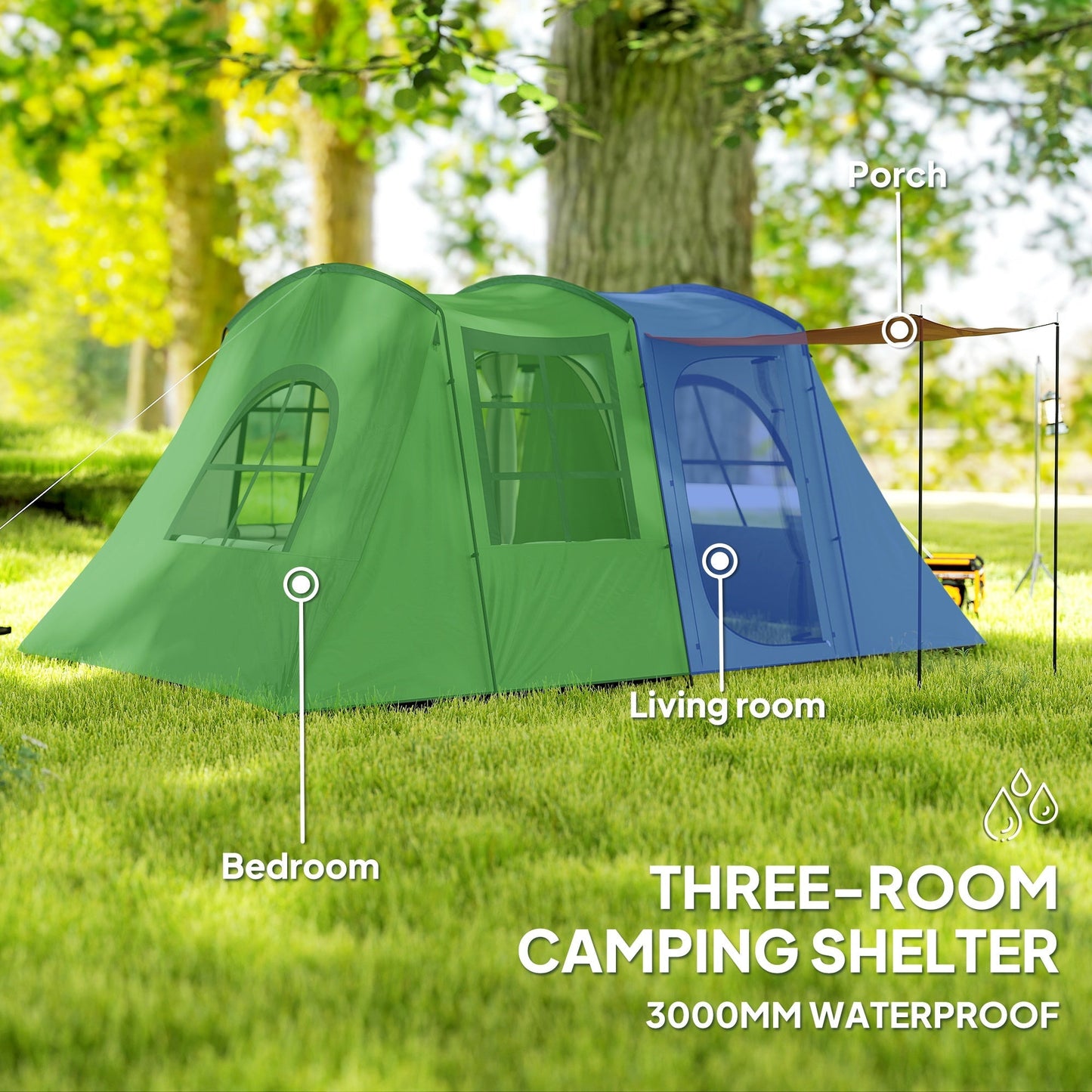 Outsunny 3-4 Man Tunnel Tent, Family Camping Tent with Porch, Bedroom and Living Area, Sewn in Groundsheet, 3000mm Waterproof, Portable with Bag for Hiking, Festival, Backpacking, Green