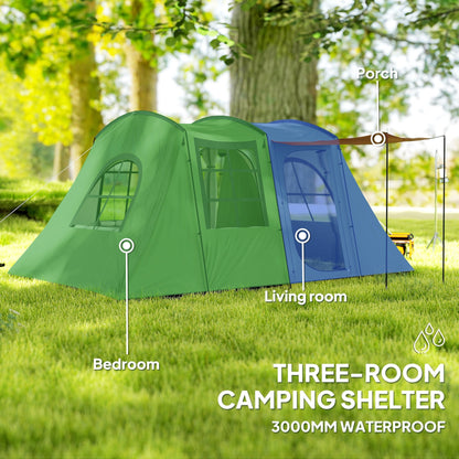 Outsunny 3-4 Man Tunnel Tent, Family Camping Tent with Porch, Bedroom and Living Area, Sewn in Groundsheet, 3000mm Waterproof, Portable with Bag for Hiking, Festival, Backpacking, Green