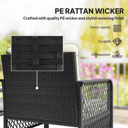 Outsunny 3 Pieces Rattan Bistro Set with Glass Top Coffee Table, Chairs and Cushions for Outdoor, Patio, Balcony, Cream