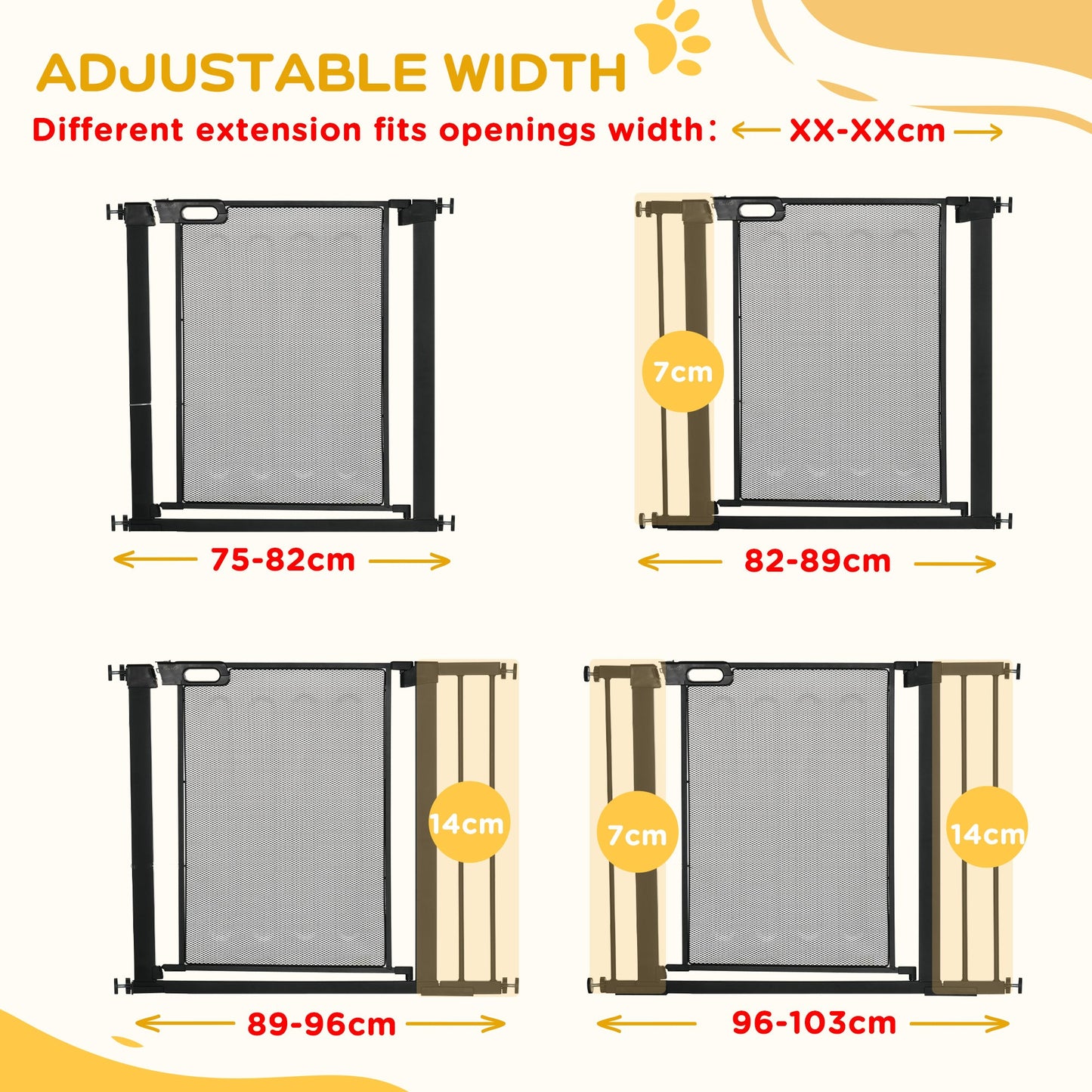 PawHut Pressure Fit Safety Gate, for Staircases, Hallways, Doorways w/ Extensions Kit, 75-103CM Adjustable Width - Black