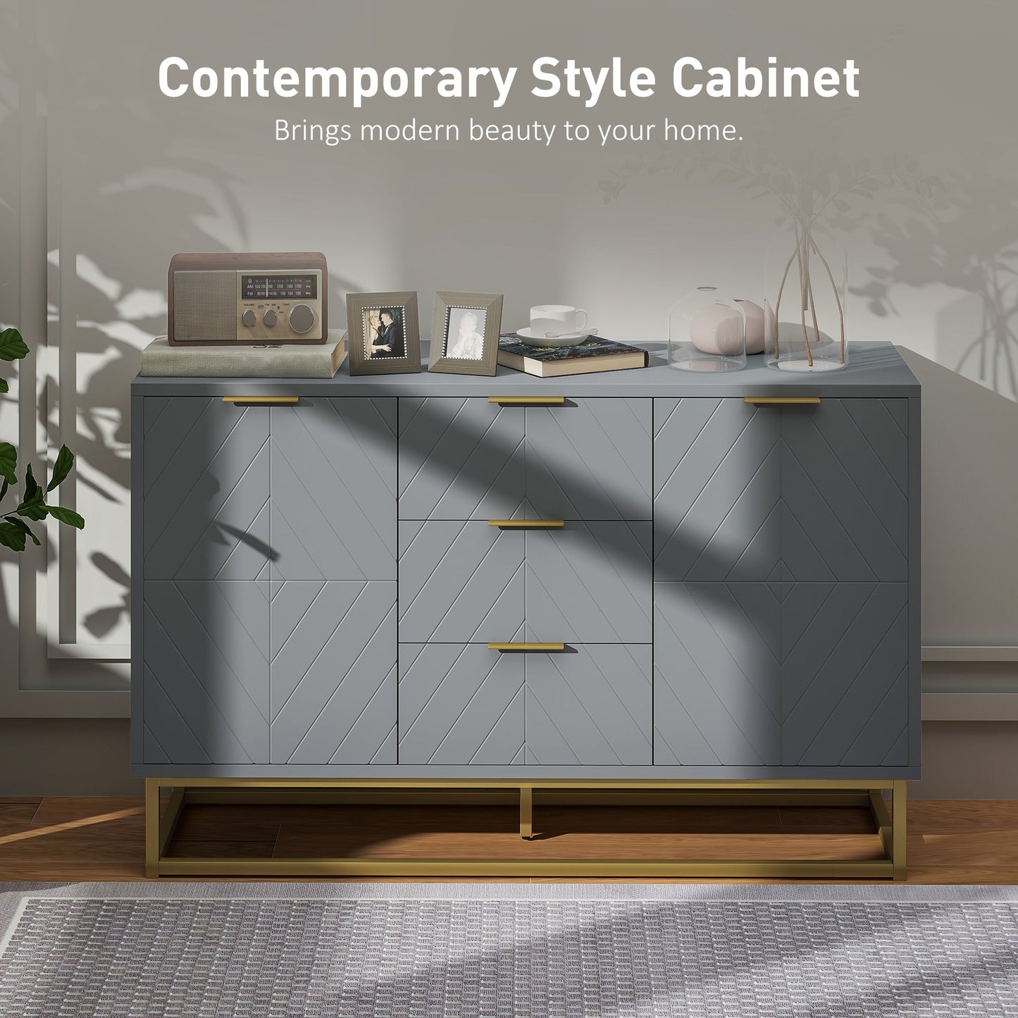 HOMCOM Sideboard with 3 Drawers and Adjustable Shelves for Living Room - Grey