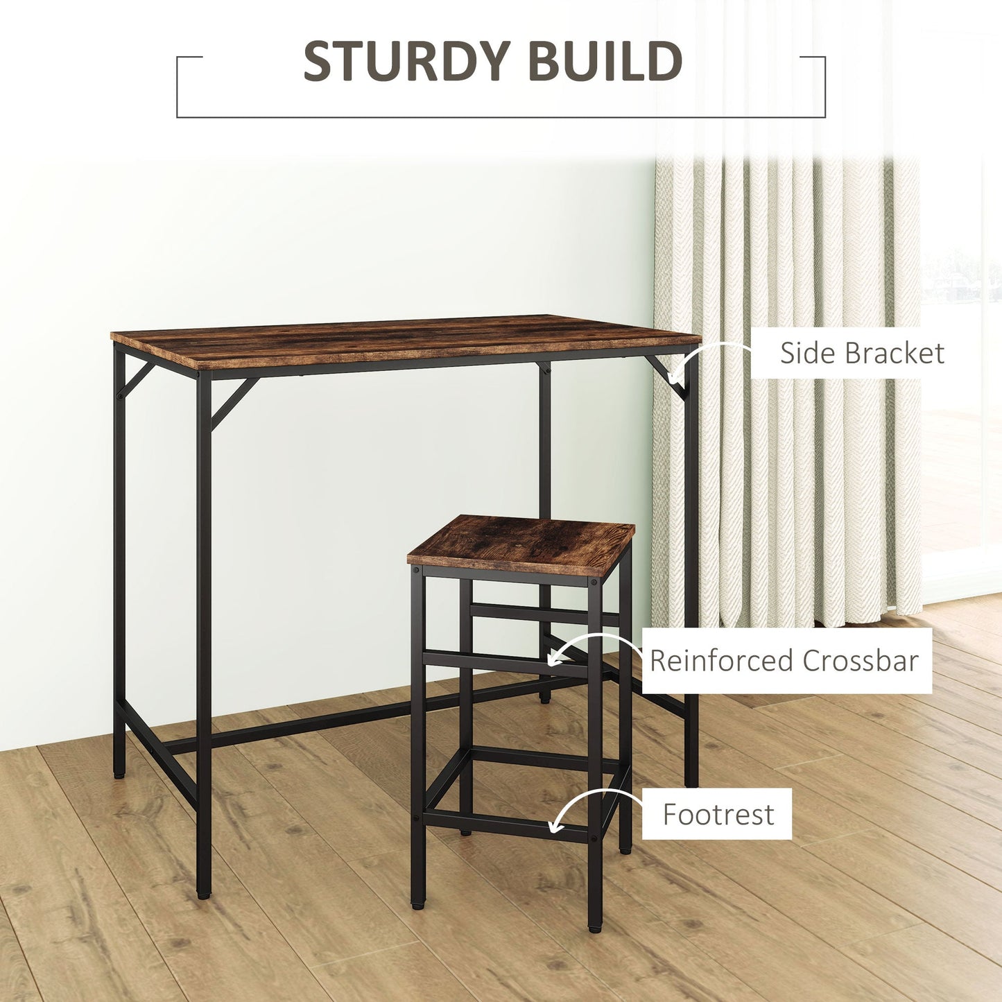HOMCOM Industrial Rectangular Bar Table Set with 4 Stools for Dining Room, Kitchen, Dinette