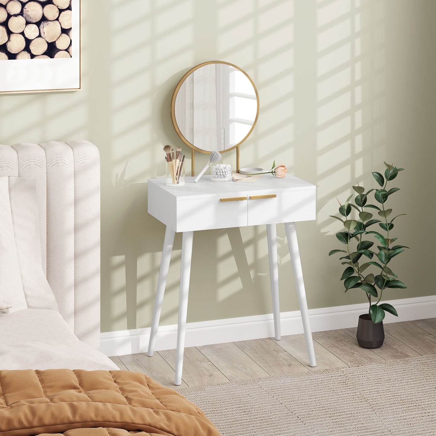 HOMCOM Dressing Table with Round Mirror - White