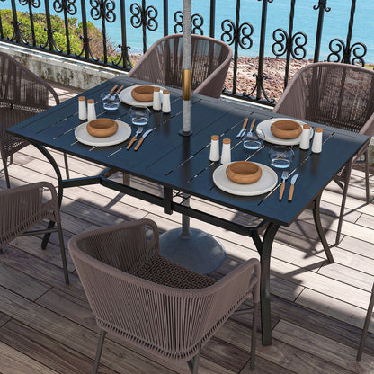 Outsunny Rectangle Garden Dining Table with Parasol Hole, Patio Table with Steel Frame and Slat Tabletop, 150cm x 90cm, Black