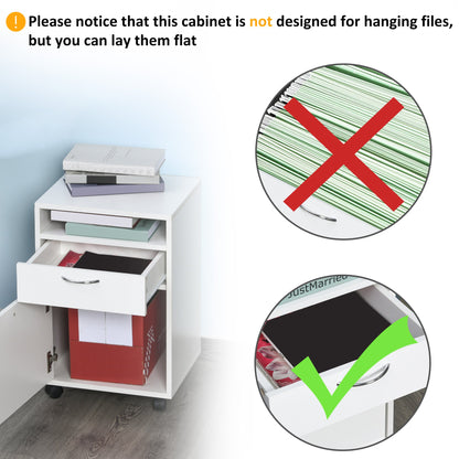 HOMCOM 60cm Filing Cabinet with Drawer, Open Shelf, Metal Handles and 4 Wheels, Office Home Organiser Mobile Printer, White