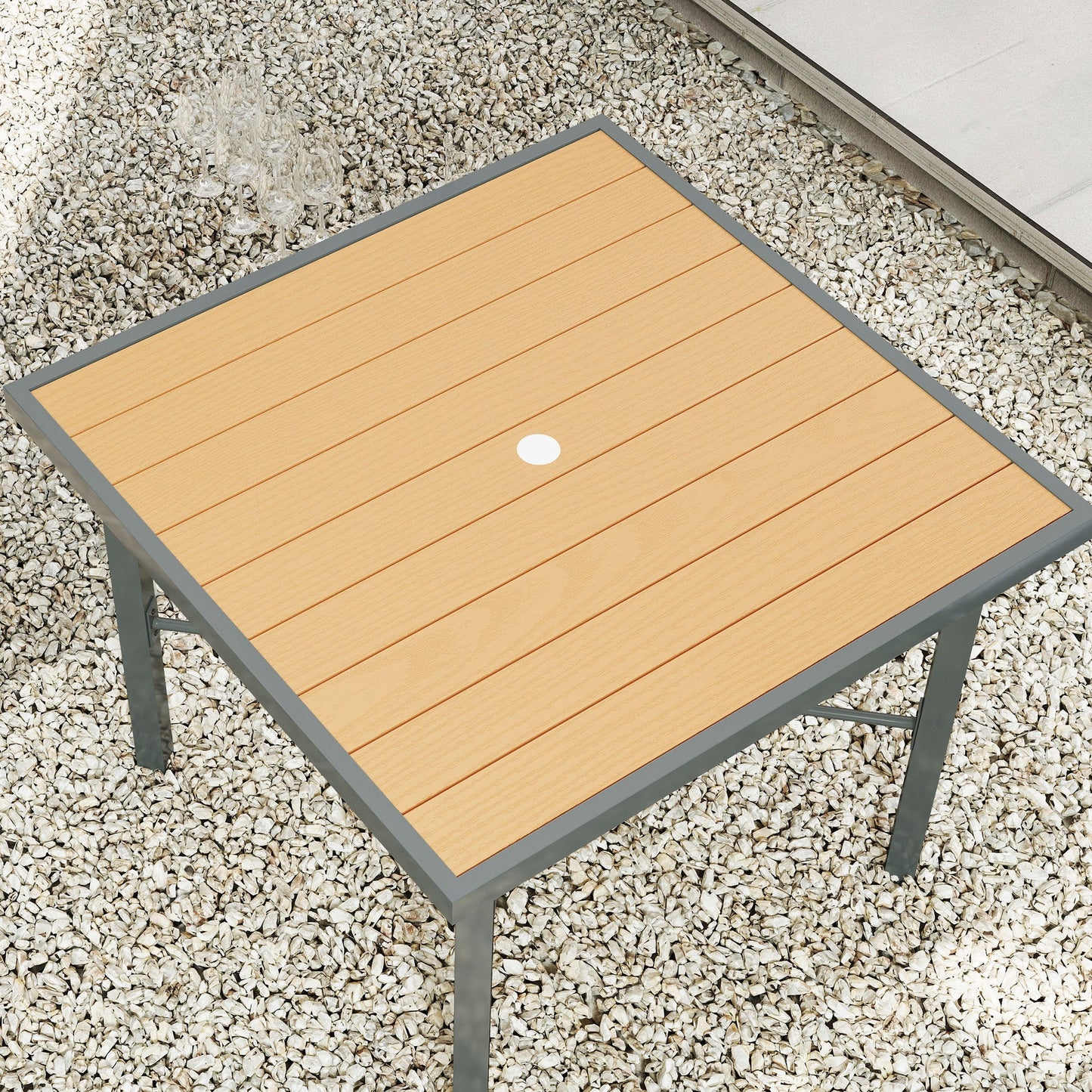 Outsunny Garden Table, 90cm Square Outdoor Patio Dining Table with 4.2 cm Umbrella Hole, Metal Frame, Wood Effect Top, for Terrace, Balcony, Natural Wood Finish