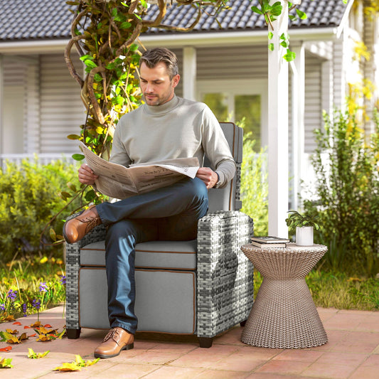 Outsunny Rattan Garden Recliner Chair, Adjustable Backrest Reclining Rattan Chair with Flip Table, Cushion and Footrest, Indoor Outdoor Lounge Reclining Sun Lounger for Patio, Mixed Grey/Grey
