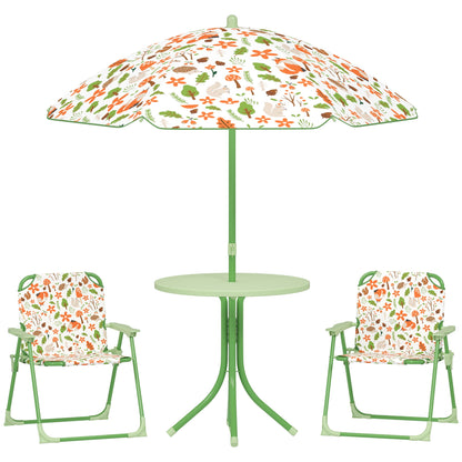 AIYAPLAY 4 Pieces Kids Garden Table and Chair Set with Adjustable Parasol, Folding Chairs, Table, Fox Pattern, Green