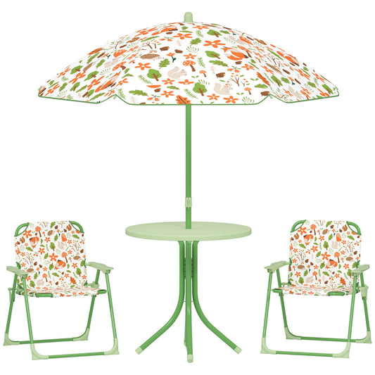 AIYAPLAY 4 Pieces Kids Garden Table and Chair Set with Adjustable Parasol, Folding Chairs, Table, Fox Pattern, Green