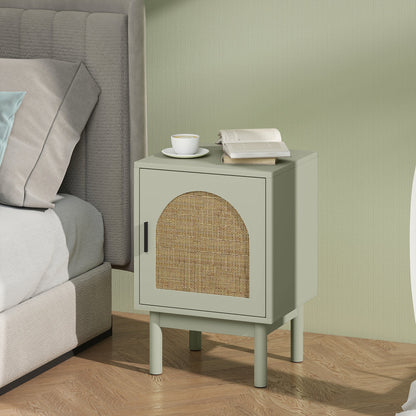 HOMCOM Set of 2 Rattan Bedside Tables, Boho Nightstands with Solid Wood Legs and Storage Cabinet for Living Room, Bedroom, Accent End Side Table, Light Green