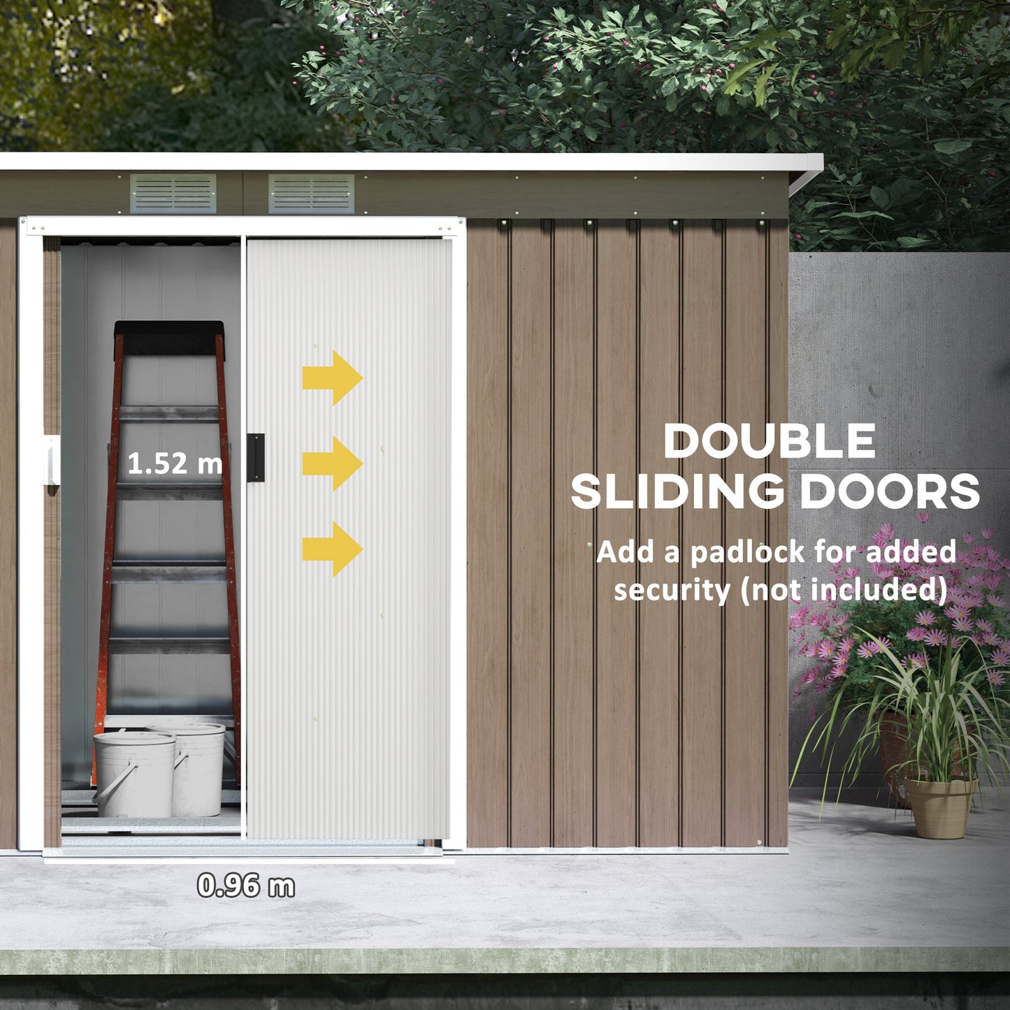 Outsunny 9ft x 4ft Metal Garden Shed, Outdoor Tool House with Foundation Kit, Ventilations and Double Doors, Light Grey Wood Grain