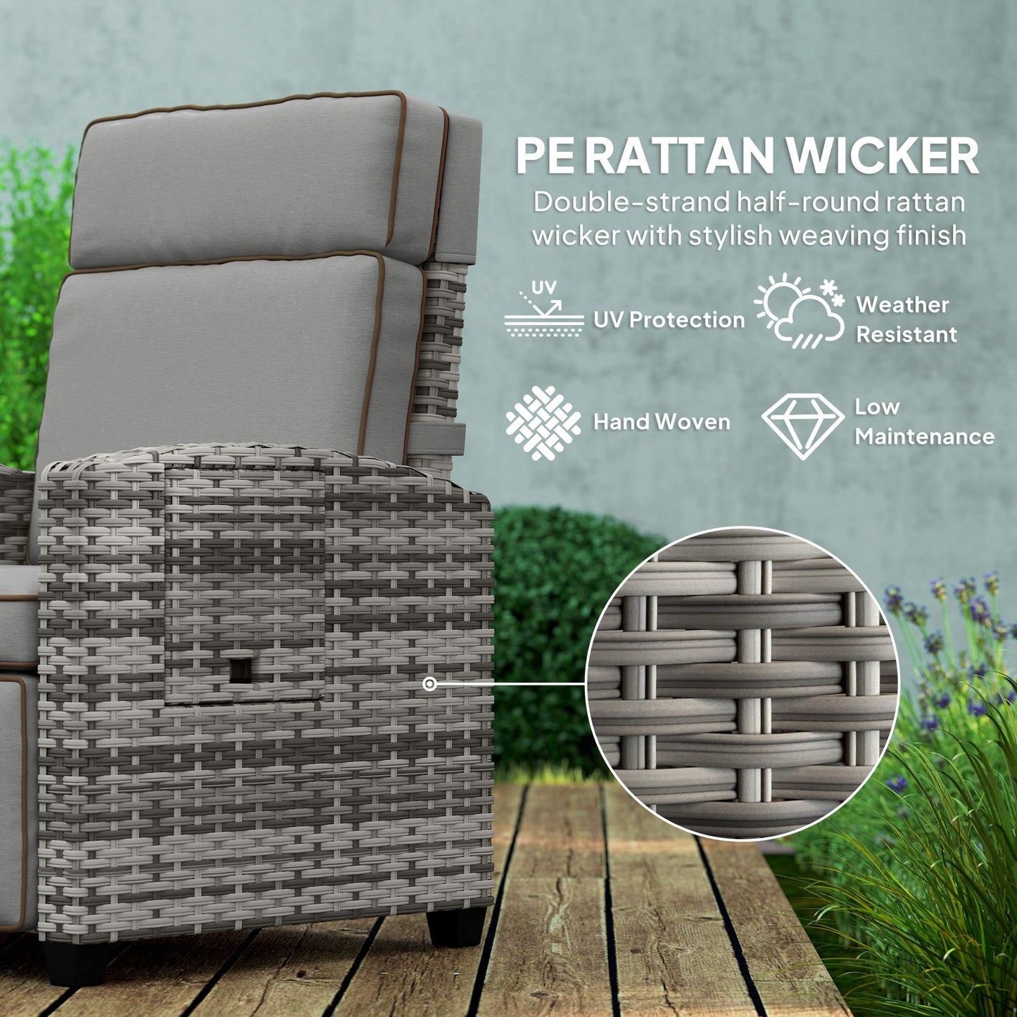 Outsunny Rattan Garden Recliner Chair, Adjustable Backrest Reclining Rattan Chair with Flip Table, Cushion and Footrest, Indoor Outdoor Lounge Reclining Sun Lounger for Patio, Mixed Grey/Grey