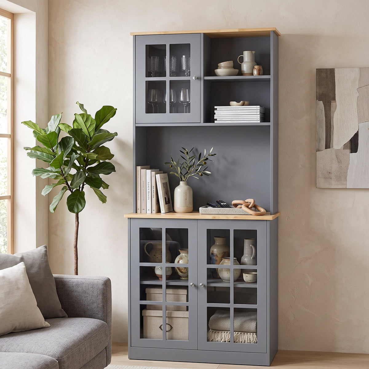 HOMCOM Kitchen Pantry, Buffet Hutch with 3 Storage Cabinets, 2 Open Shelves and Large Countertop for Kitchen, Grey