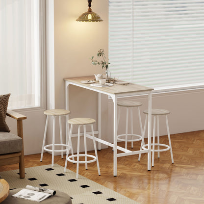 HOMCOM 5 Piece Bar Table Set for 4 with Stools, Metal Frame, Footrest for Kitchen Natural Wood