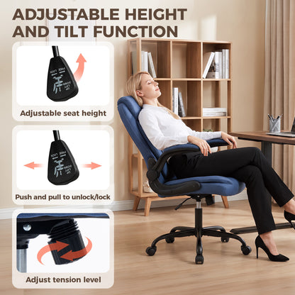 HOMCOM Linen-Look Computer Desk Chair, Executive Office Chair with Flip-Up Armrests and Thick Cushion, Blue