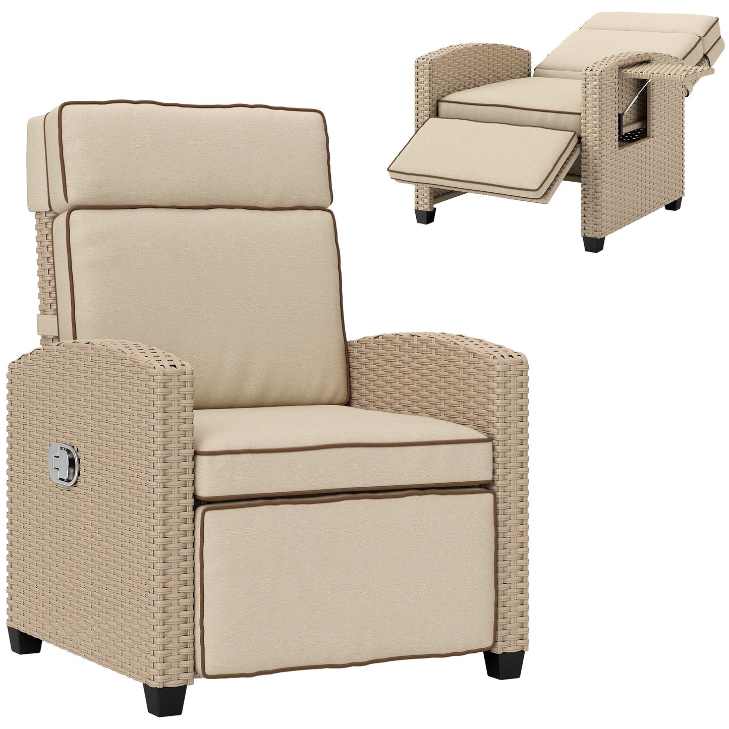 Outsunny Rattan Garden Recliner Chair, Adjustable Backrest Reclining Rattan Chair with Flip Table, Cushion and Footrest, Indoor Outdoor Lounge Reclining Sun Lounger for Patio, Yellow/Beige