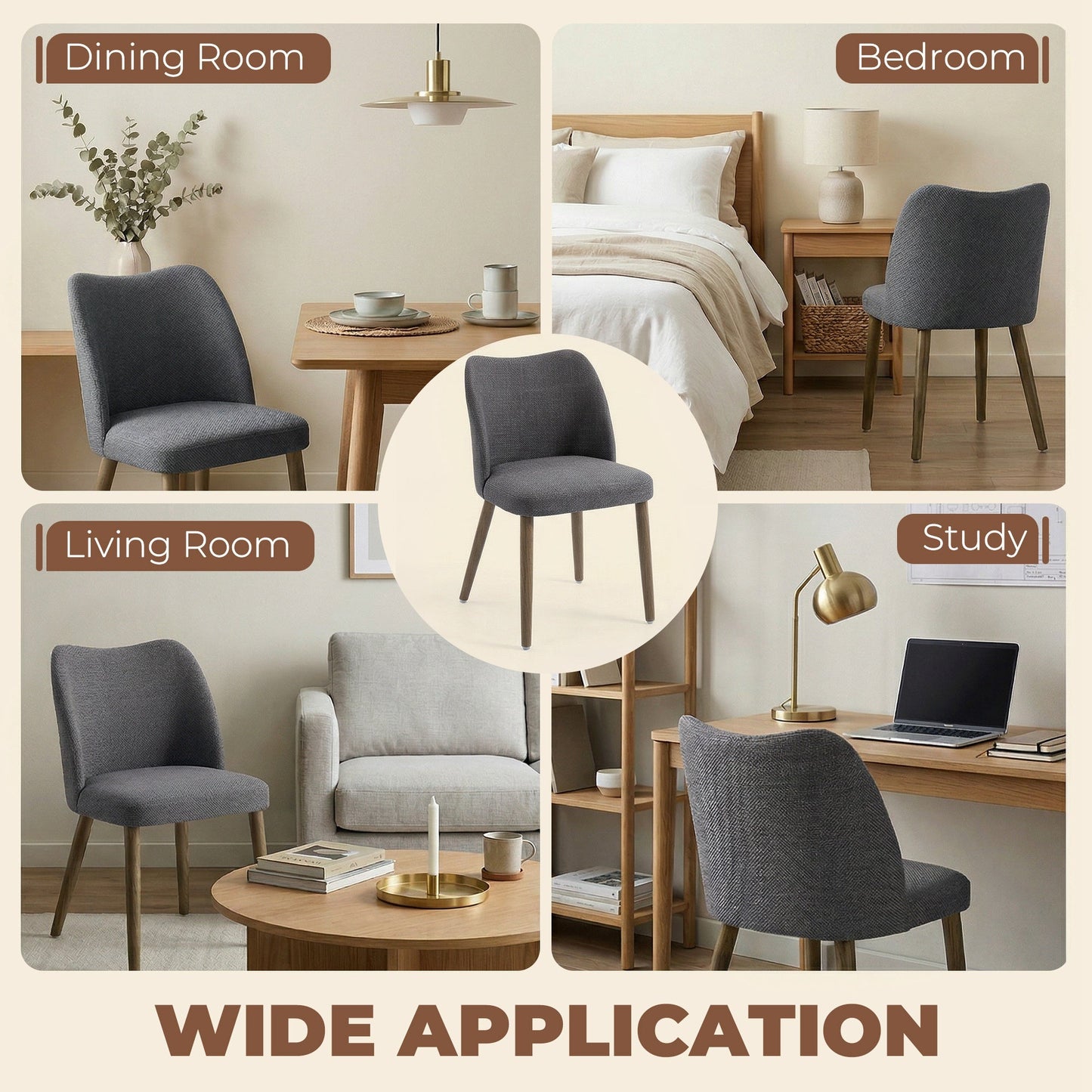 HOMCOM Dining Chairs Set of 2, Linen Upholstered Kitchen Chairs with Padded Seat, Curved Backrest, Rubberwood Legs, Dark Grey