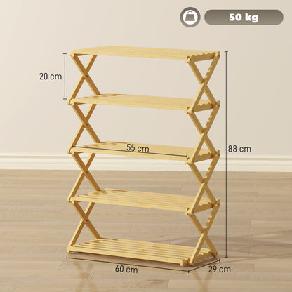 HOMCOM Five-Tier Folding Bamboo Shoe Rack - Natural Finish