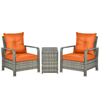Outsunny 3 Pieces Rattan Bistro Set, Wicker Garden Furniture Set with Storage  Coffee Table and Chairs, Thickened Cushions for Outdoor, Patio, Balcony, Orange