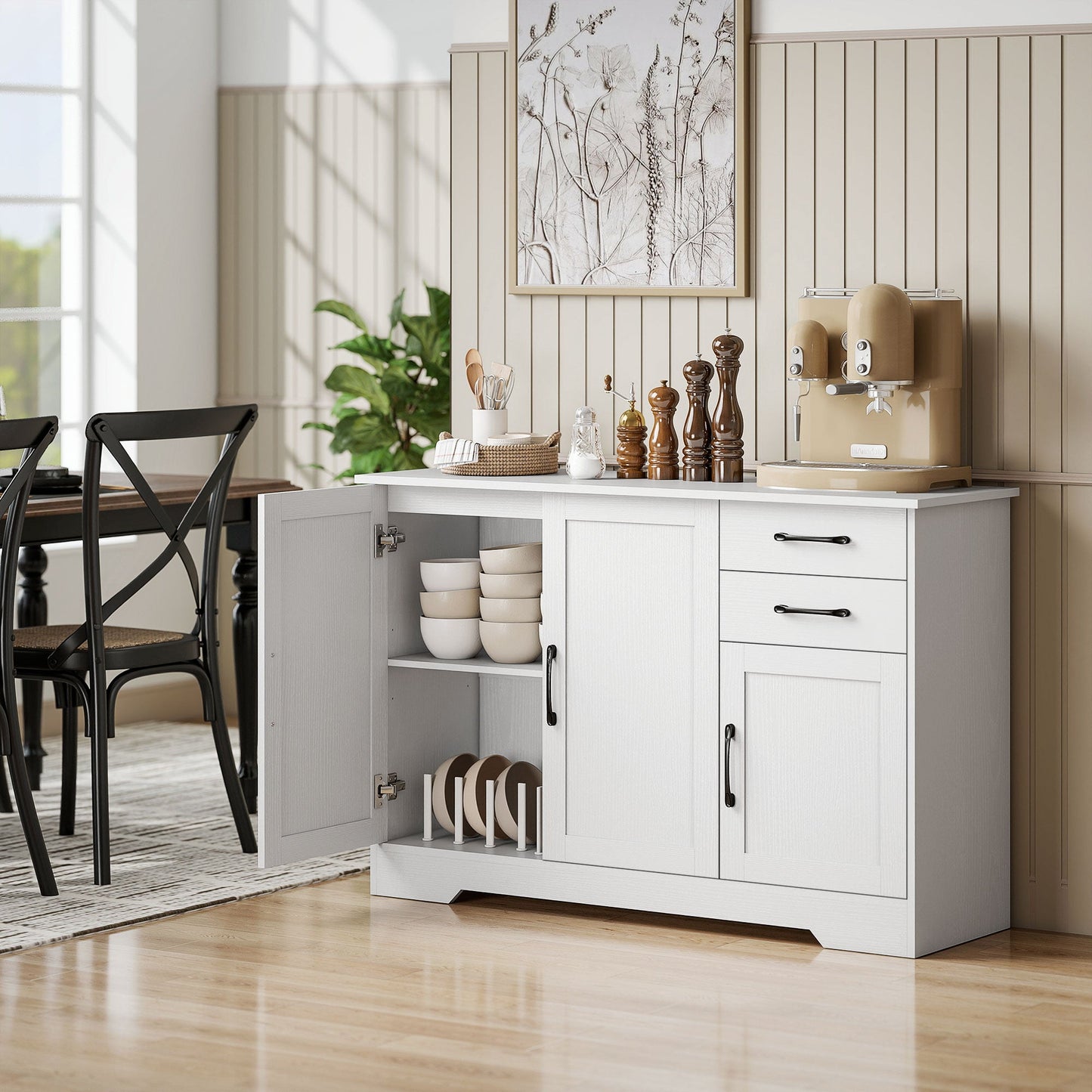 HOMCOM Sideboard with 2 Drawers Modern Storage Cabinet, Kitchen Cupboard with Adjustable Shelf and 3 Doors White