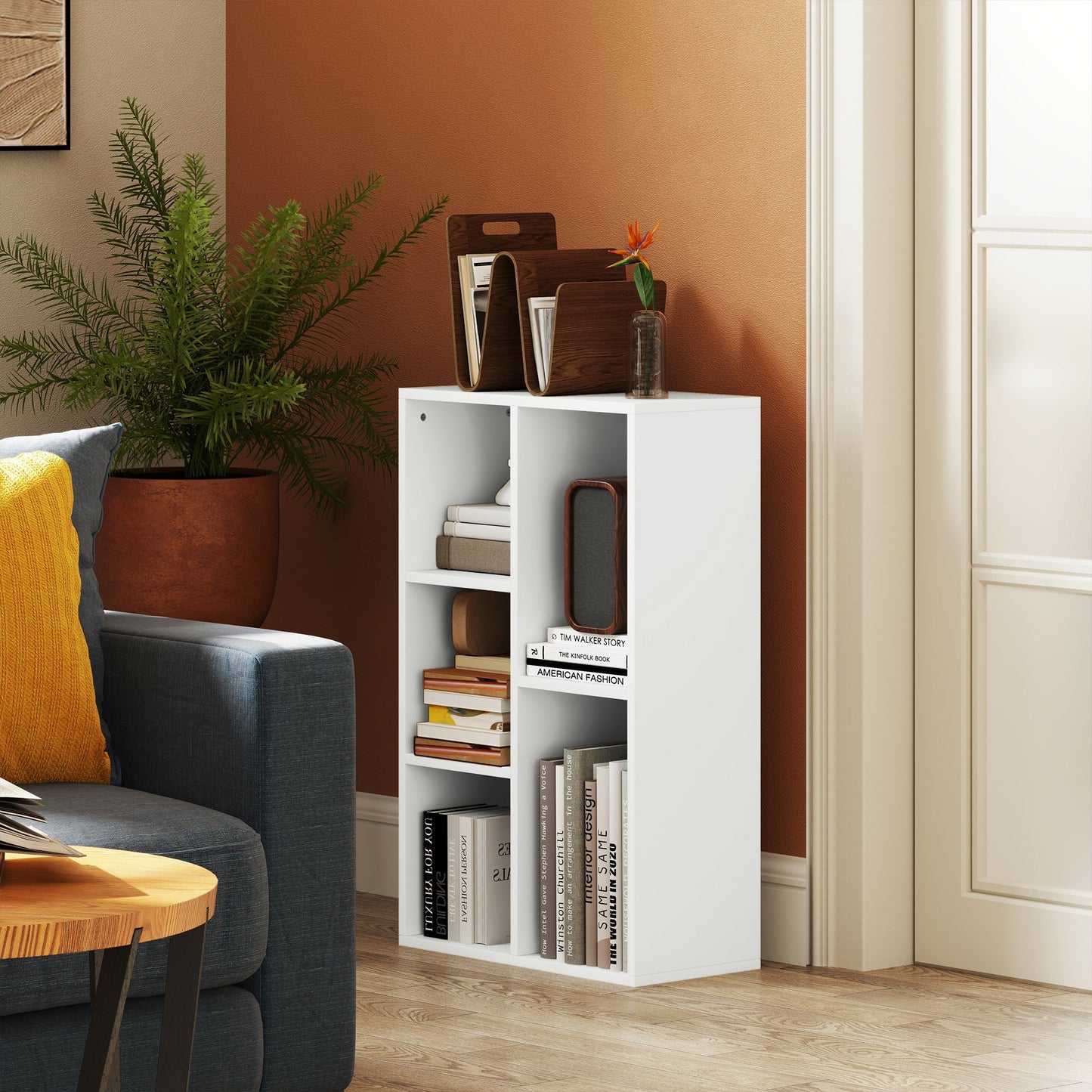 HOMCOM 2-Tier Bookshelf with 5 Compartments - White
