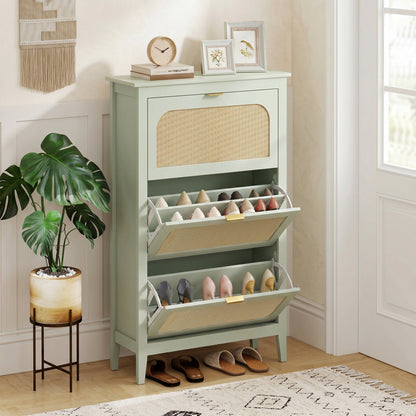 HOMCOM Narrow Shoe Cabinet, Boho Slim Shoe Storage Cabinet with 3 Flip Drawers, Holds 21 Pairs, Light Green