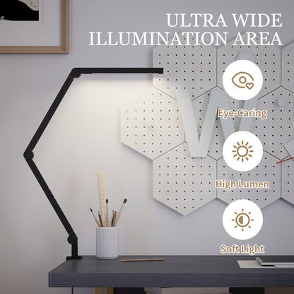 HOMCOM LED Desk Lamp, Dimmable Desk Light with Swing Arm and Clamp, Adjustable Eye-Caring Table Lamp with 2 Colour Modes & 5 Brightness Levels for Study, Drawing, Office, Architect, Task, Black