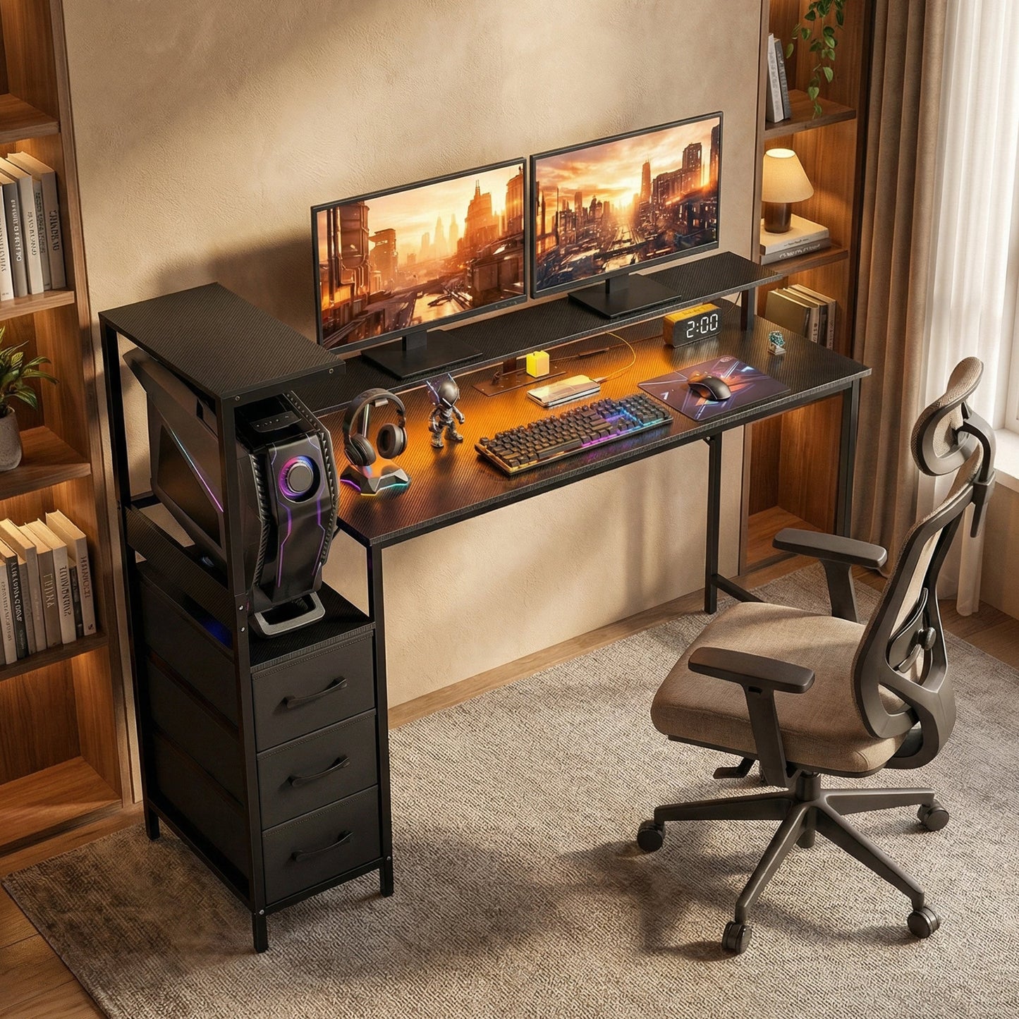HOMCOM 147cm Gaming Desk with Charging Station and Monitor Stand, Computer Table for Home Office with RGB Lights, Black