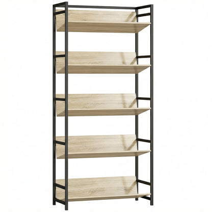 HOMCOM Bookshelf 5-Tier Metal Frame Bookcase Storage Shelves for Living Room Oak