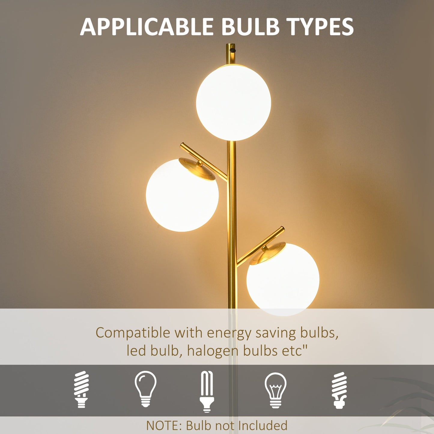 HOMCOM 3-Light Tree Floor Lamps for Living Room, Modern Standing Lamp for Bedroom with Globe Lampshade, 3000K/4000K/6000K Colour Temperatures, Steel Base, Gold Tone