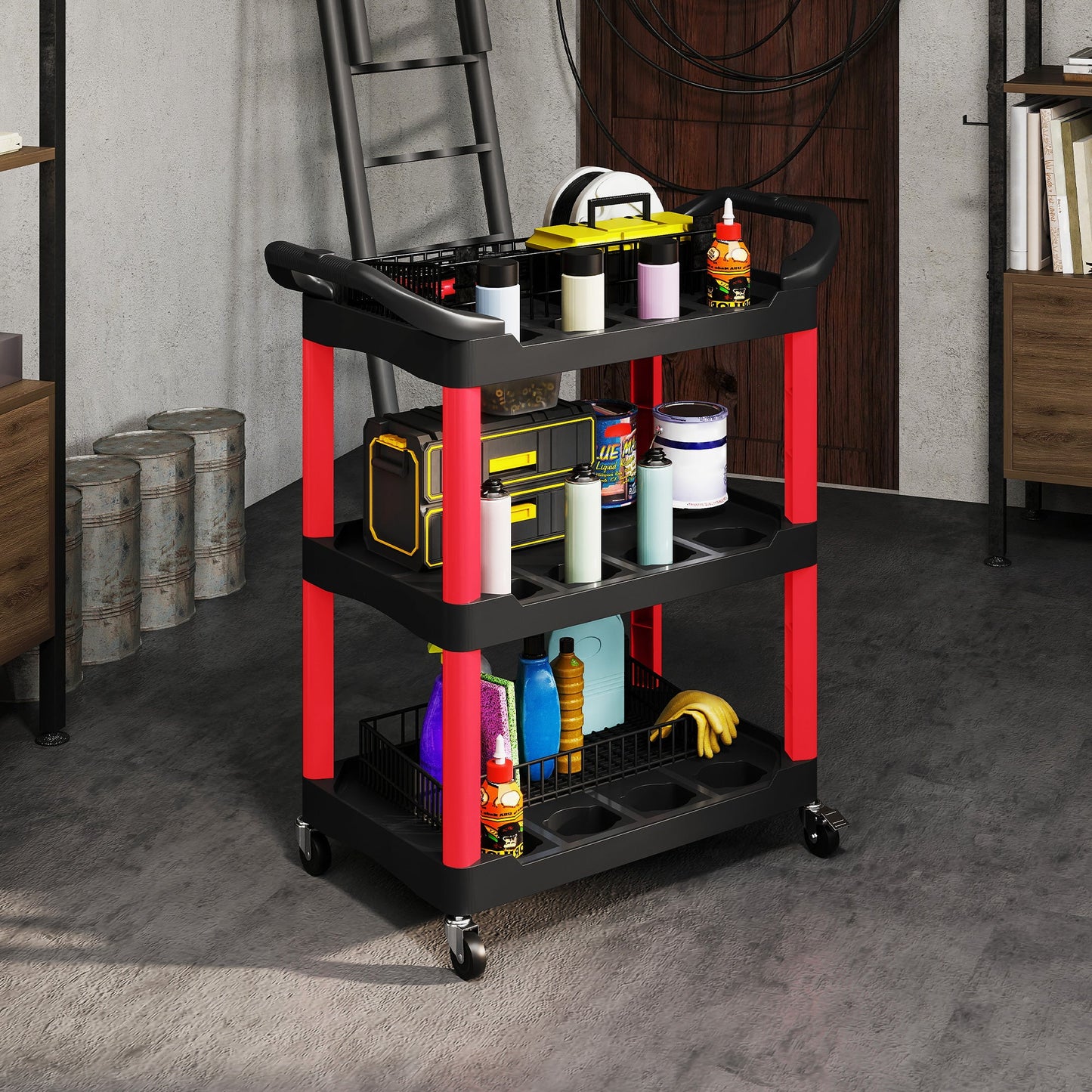 HOMCOM 3-Tier Rolling Tool Cart, Tool Trolley on Wheels, Plastic Mobile Service Utility Cart with Handles for Garage, Mechanics and Warehouse, 91kg Capacity, Black and Red