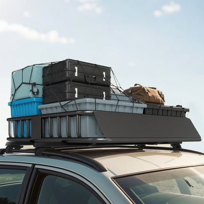 HOMCOM Universal Roof Rack Basket Tray, 90.7 kg Steel Car Rooftop Luggage Cargo Carrier Holder with Wind Fairing, Side Rails for SUVs, Pickups, Sedans, Off-Road Vehicles, 110.5 x 99.5 x 18.5 cm, Black