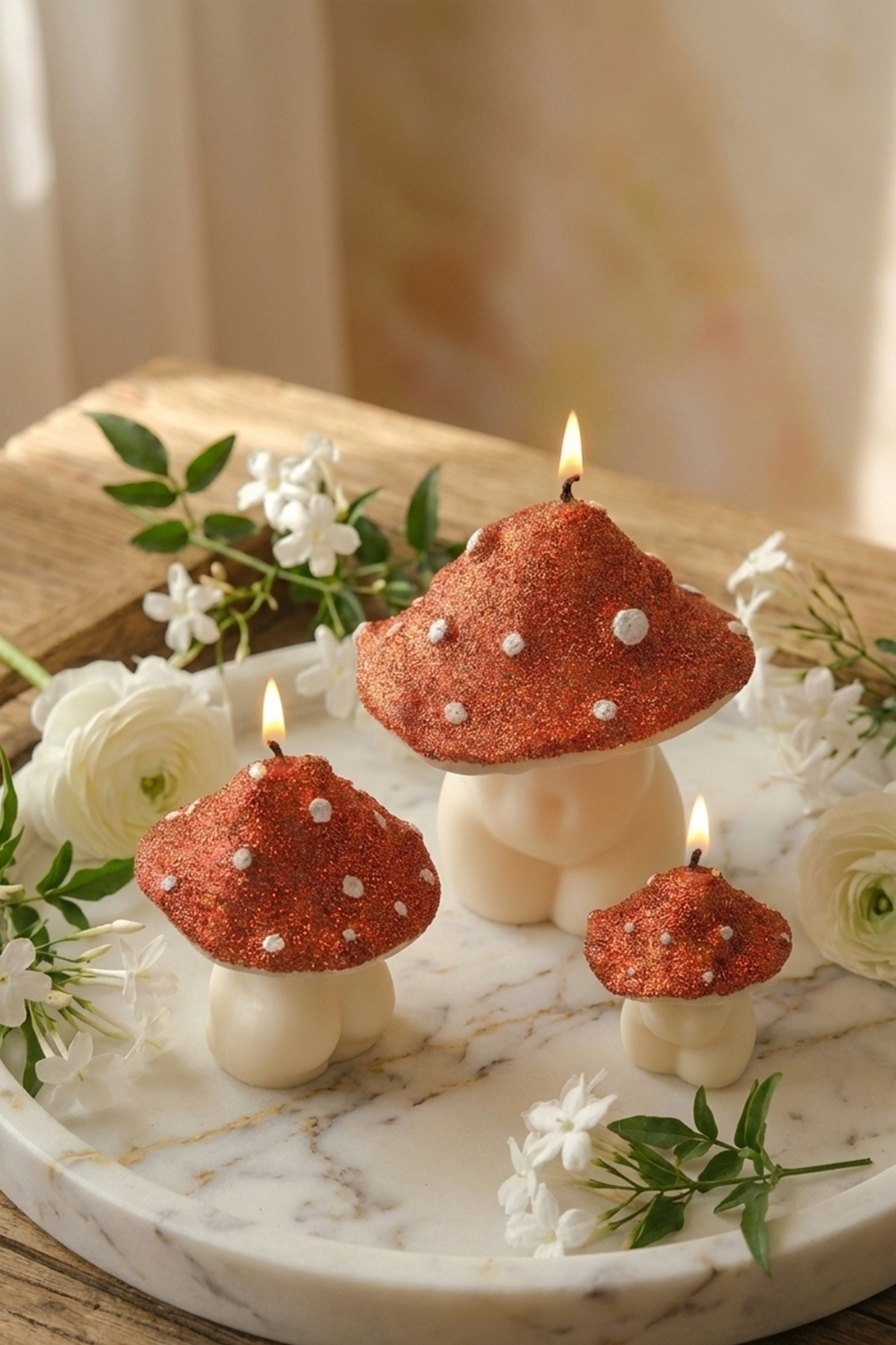 Glittery Mushroom Candles - Trio
