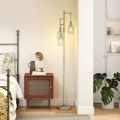 HOMCOM 170.5cm Industrial Dimmable Standing Lamp, 3-Light Floor Lamp with Steel Wire Cage Lampshades, Silver Tone