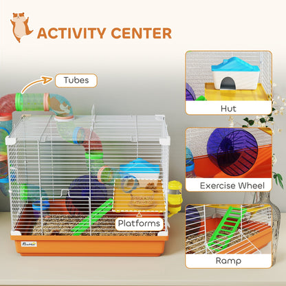 PawHut 2 Tier Hamster Cage, Gerbil Cage with Handle, Exercise Wheels, Tunnel, Water Bottle, Dishes, Ladder, for Dwarf