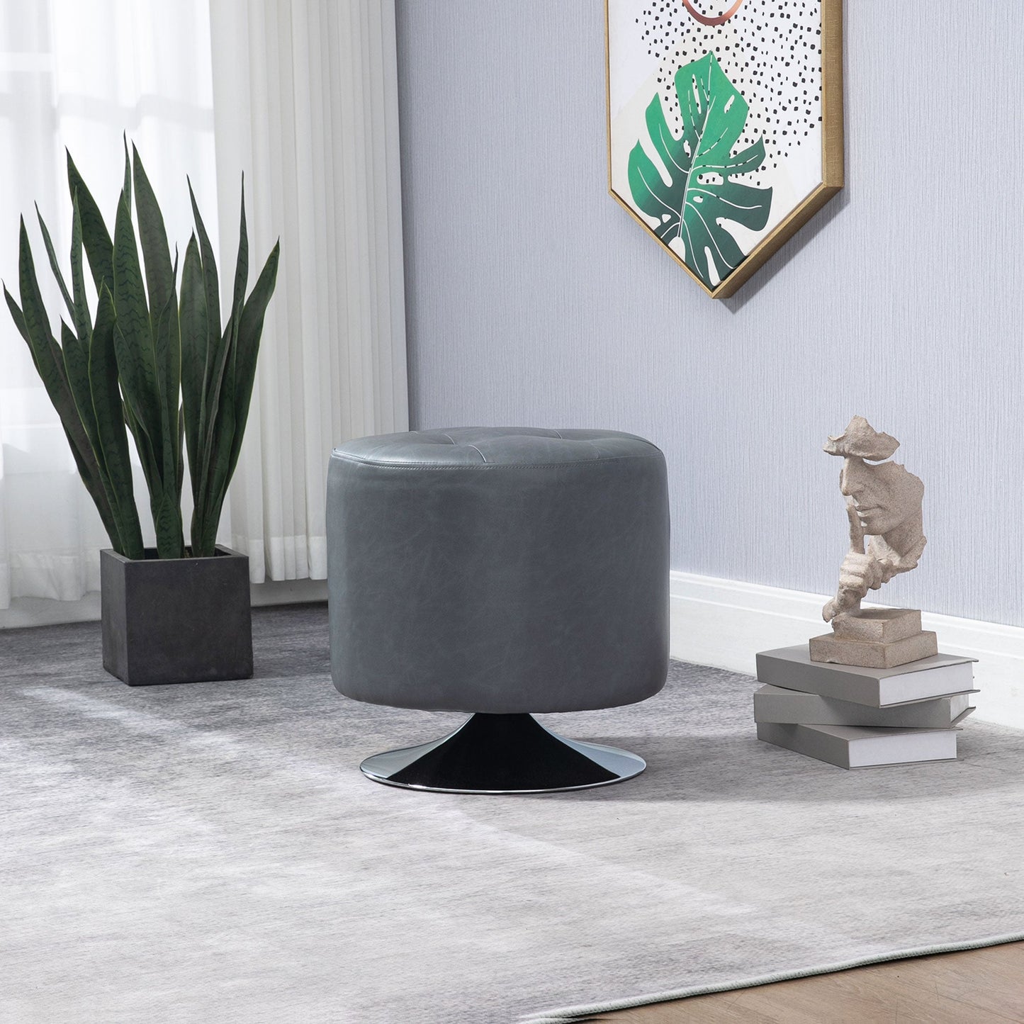 HOMCOM 360\'c2\'b0 Swivel Foot Stool Round PU Ottoman with Thick Sponge Padding and Solid Steel Base, Grey