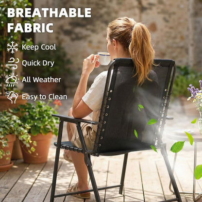 Outsunny Folding Garden Chairs Set of 2, Outdoor Dining Chairs with Wide Texteline Seat, High Back and Armrests, Black