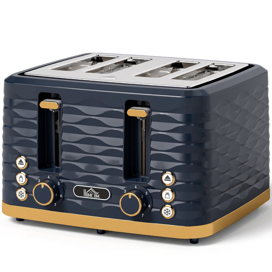 HOMCOM Toaster, Toaster 4 Slice with 7 Browning Levels, High Lift, Reheat/Defrost/Cancel, Dark Blue