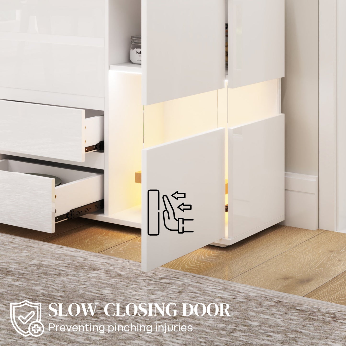 HOMCOM LED Sideboard, High Gloss Storage Cabinet with 4 Drawers, White