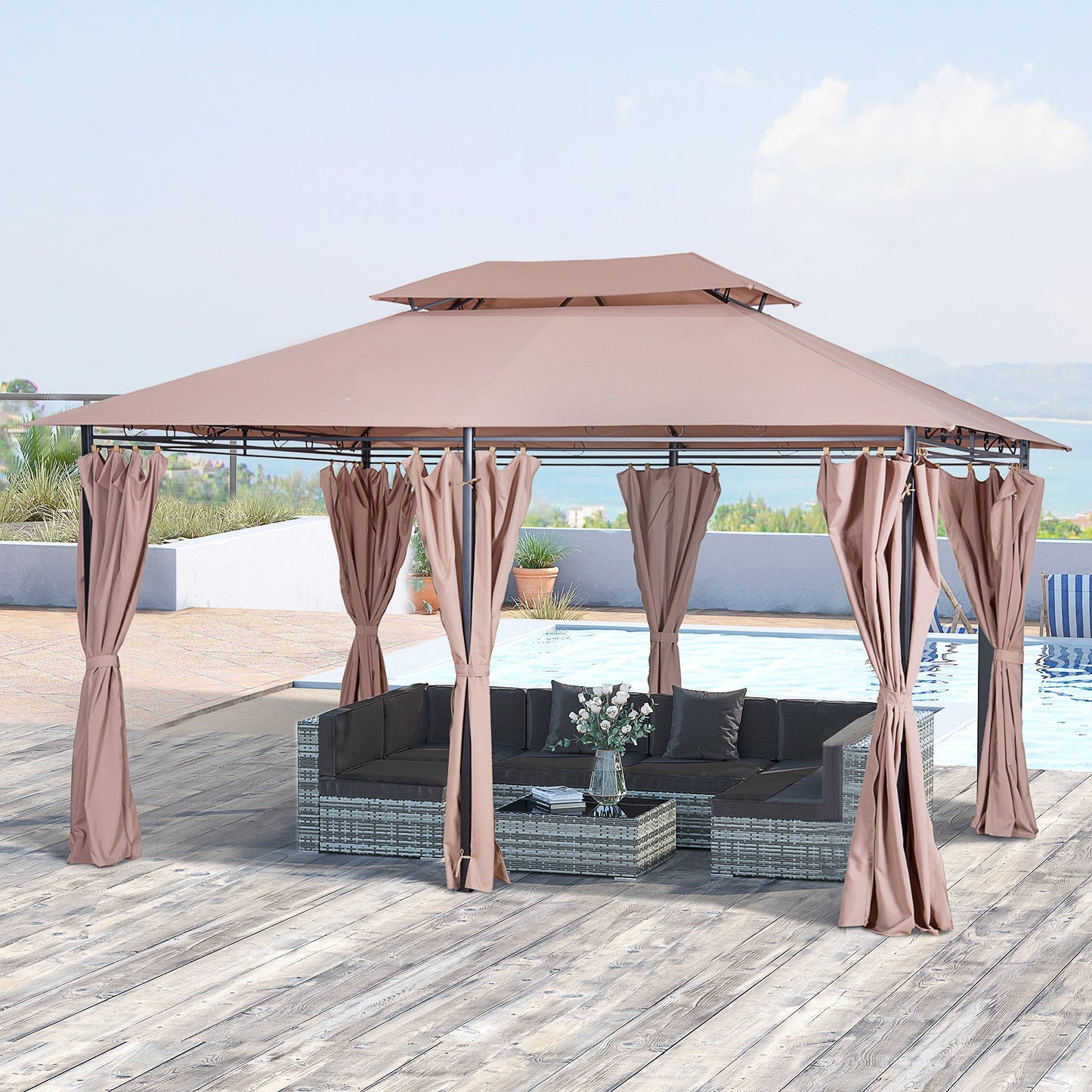 Outsunny 4m x 3(m)Garden Gazebo, Double Roof Outdoor Gazebo Canopy Shelter with Curtains, Solid Steel Frame for Patio, Garden, Brown