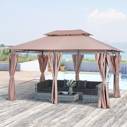 Outsunny 4m x 3(m)Garden Gazebo, Double Roof Outdoor Gazebo Canopy Shelter with Curtains, Solid Steel Frame for Patio, Garden, Brown