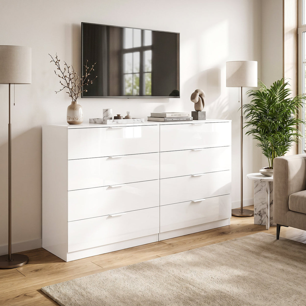 HOMCOM High Gloss 4-Drawer Chest of Drawers, Space-Saving Bedroom Storage Unit with Smooth Runners, White