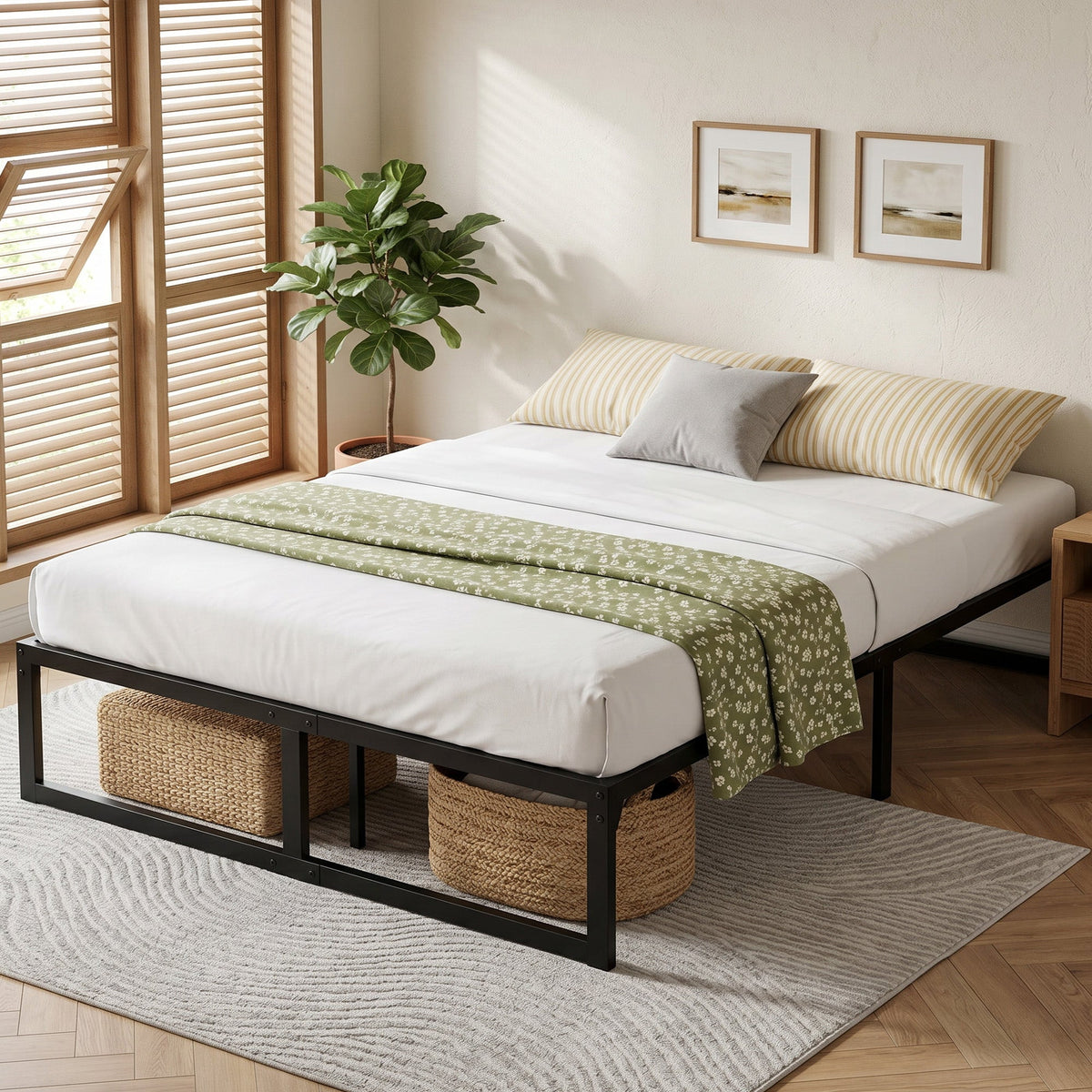 HOMCOM 4ft6 Double Bed Frame with Underbed Storage and Steel Slat Support, 32.5 cm Height, Noise-Free, Black