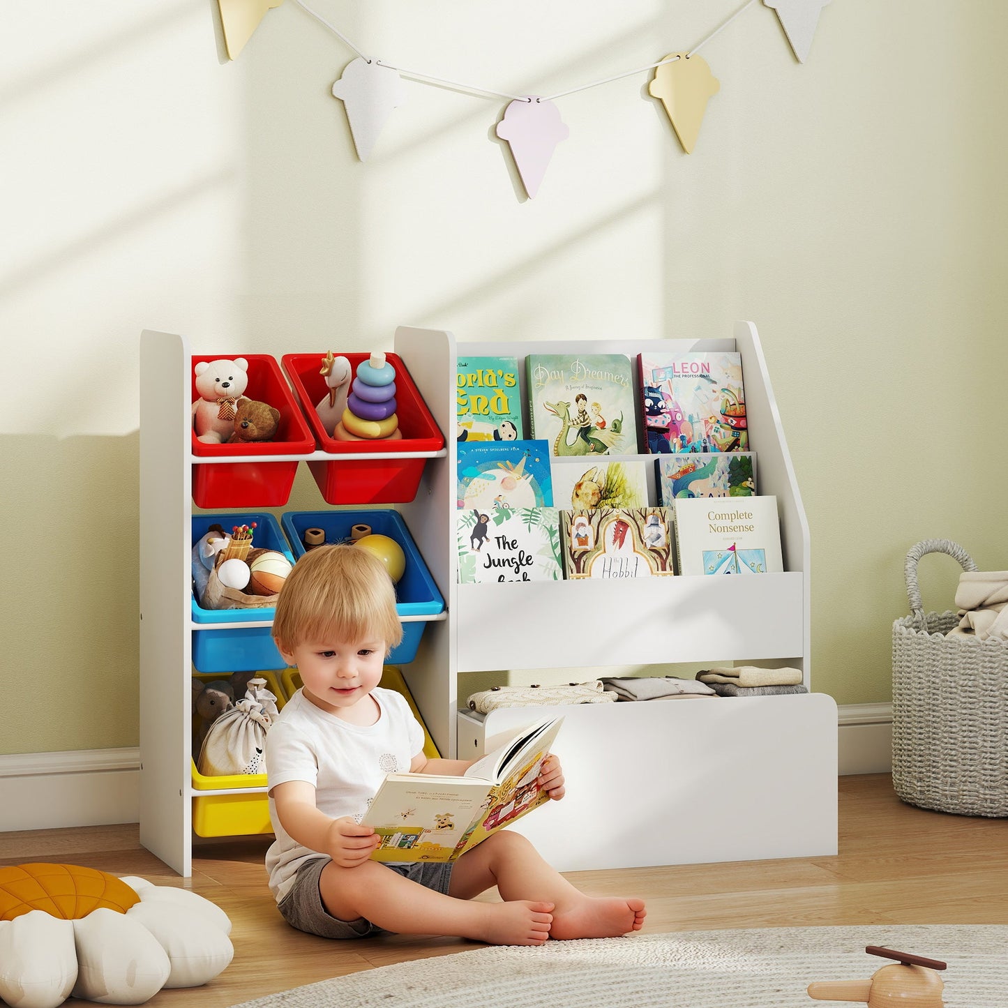AIYAPLAY Toy Storage Unit, 3-Tier Toy Organiser Shelf with 6 Removable Storage Bins for Bedroom, Nursery, Multicoloured